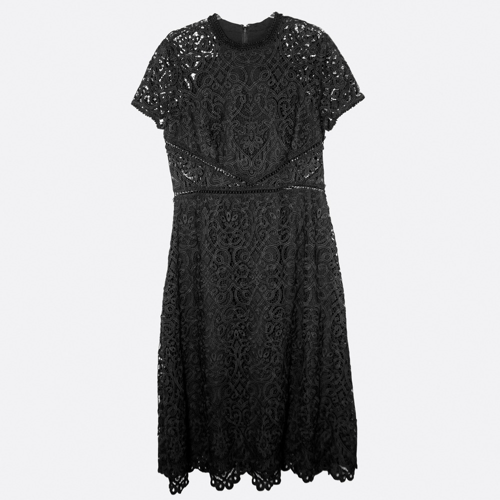 Monique Lhuillier Lace Midi Dress Black Guipure Short Sleeve M L 0X Designer - Picture 2 of 8